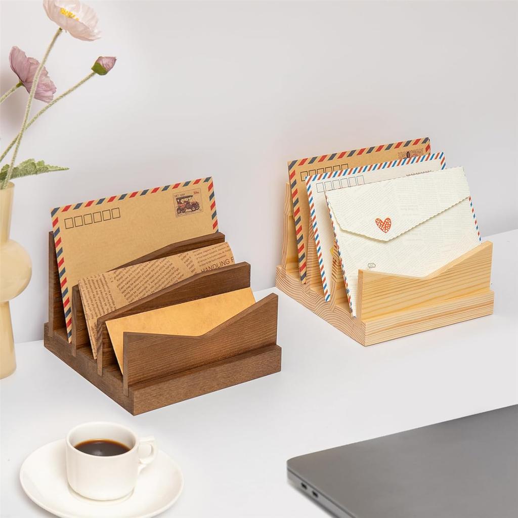 Wooden Mail Organizer Countertop, 3 Slots Mail Holder for Paper, Bill, File, Envelope, Rustic Letter Holder for Desk, Vertical Letter Organizer