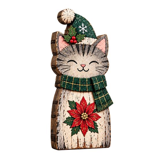 Whimsical Cat Room Decor Wooden Table Sign, Rustic Christmas Block Sign with Hat And Scarf, Retro Style Festive Ornament 2D Flat Vintage Farmhouse