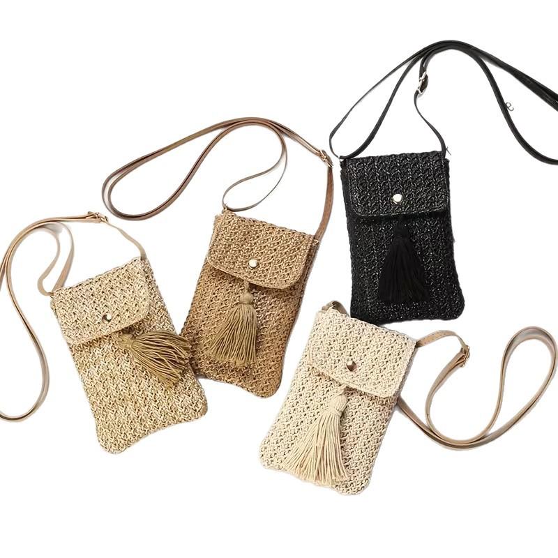 Straw Beach Bag Women Holiday Mobile Phe Shouder Bag Summer Tassel Mini Crossbody Purse for Lady Gril Travel By The Sea 2026