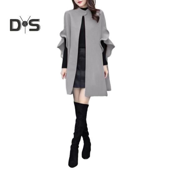 Abrigo de invierno para mujer, con mangas tipo pétalo, cuello alto, corte en A, capa de punto abierto, cárdigan de largo medio, abrigo de lana para exteriores, poncho