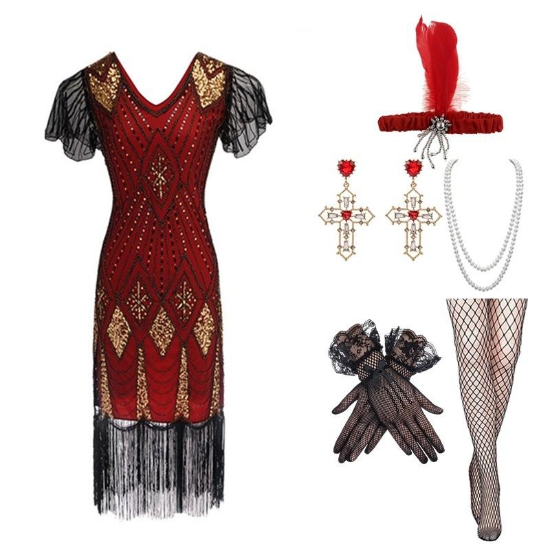 Large Size Retro Sequined Dress Handmade Beaded Fringed Dress Set