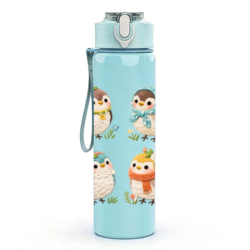 1PC Cute Penguin Winter Group Cartoon Print 750ml Color Plastic Sports Water Bottle Leakproof Flip Straw Lid Suitable for Sports Office Home Use
