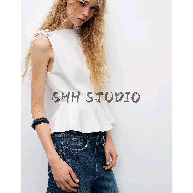 Spring New Women Clothes Boat Neck Sleeveless Capri Short Skirt Hem Bowknot Decoration Top 2606777