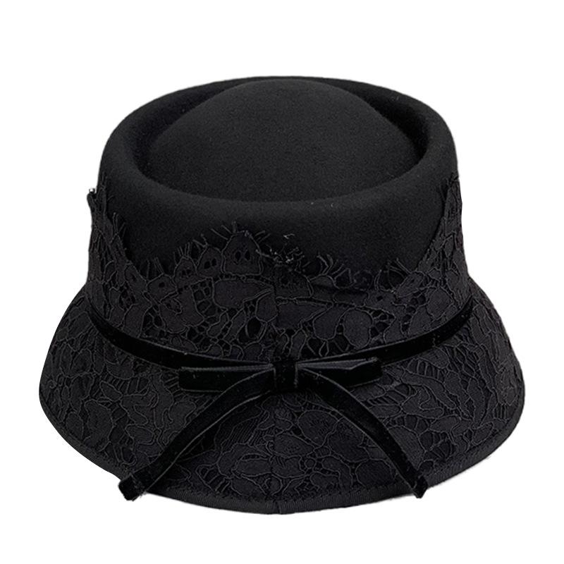 Japanese Retro Elegant Lace Concave Top Celebrity Style Woolen Bucket Hat Women'S Short Brim Basin Hat Felt Hat
