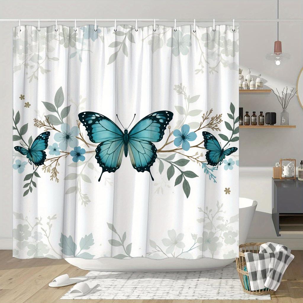 Elegant Butterfly & Floral Shower Curtain - Teal, Black, White on Light Gray, Whimsical Nature Design, Polyester, 12 Hooks