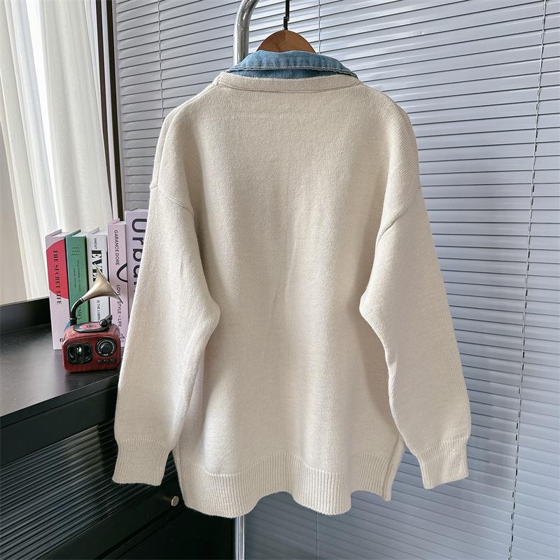 European Style Design, Niche Sweater for Women In Autumn and Winter, New Denim Splicing, Loose and Lazy Style Knitted Cardigan Jacket