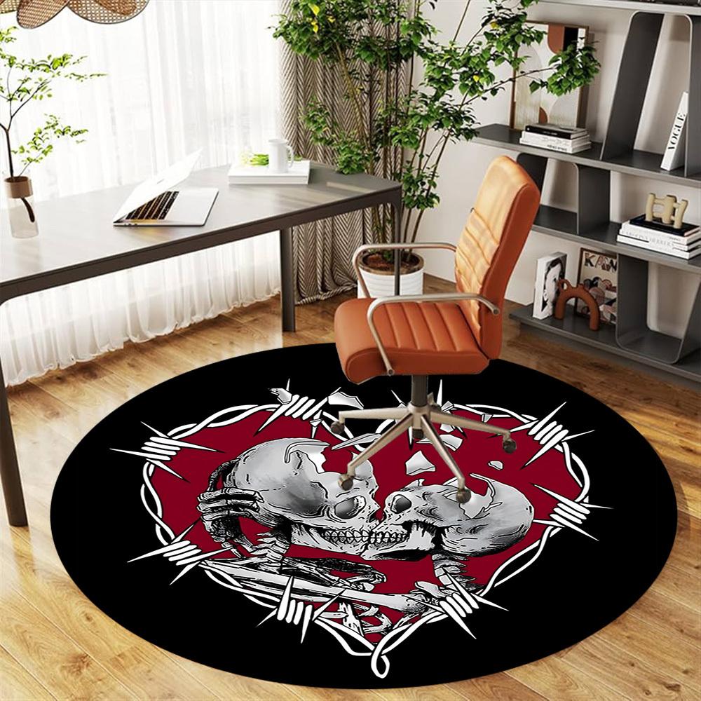 1pc Skulls BarbedWire Round Chair Mat Office Area Rug - Non-Slip, Floor Mat for Office, Bedroom, and Indoor Decor P127119