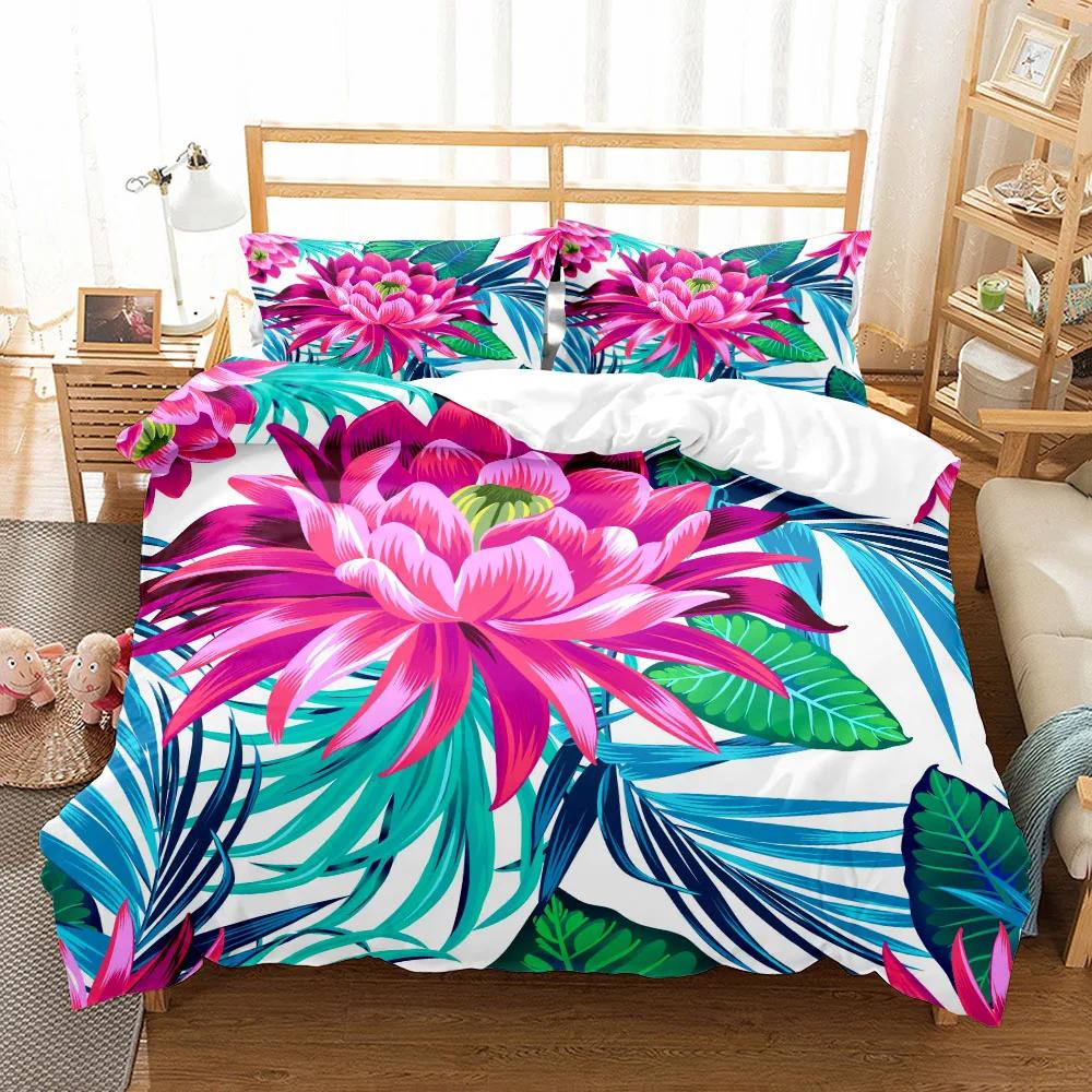 Flowers Parrot King Queen Duvet Cover Cartoon Birds Floral Bedding Set For Adults Animals Leaves 2/3Pcs Polyester Quilt Cover