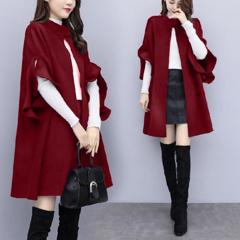 Women's Plus Size Red Wool A-Line Cloak Coat - Mid-Length, Perfect for Spring, Autumn, & Winter.