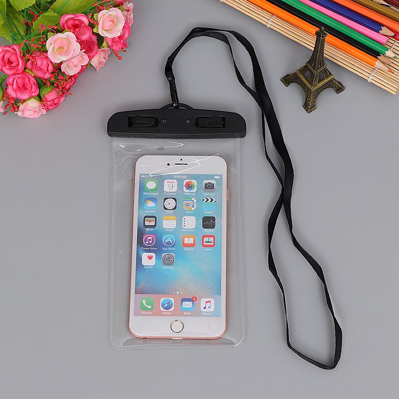 Transparent waterproof phone bag with classic style, touch screen access, neck strap for hot spring use.