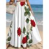 Red and White Rose Vine Print Skirt, Summer Casual Vacation Style