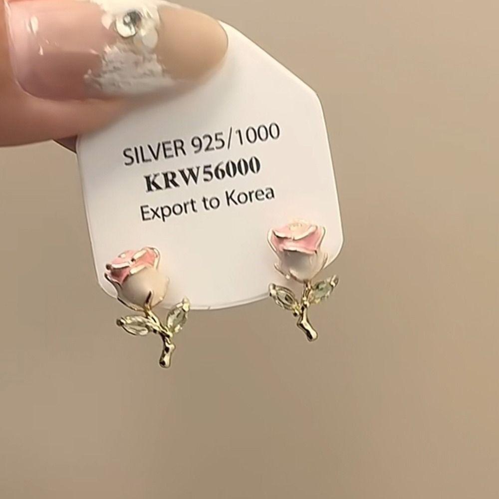Party Jewelry Pink Rose Studs Earrings 925 Sterling Silver Needle Zircon Small Earrings  Girls
