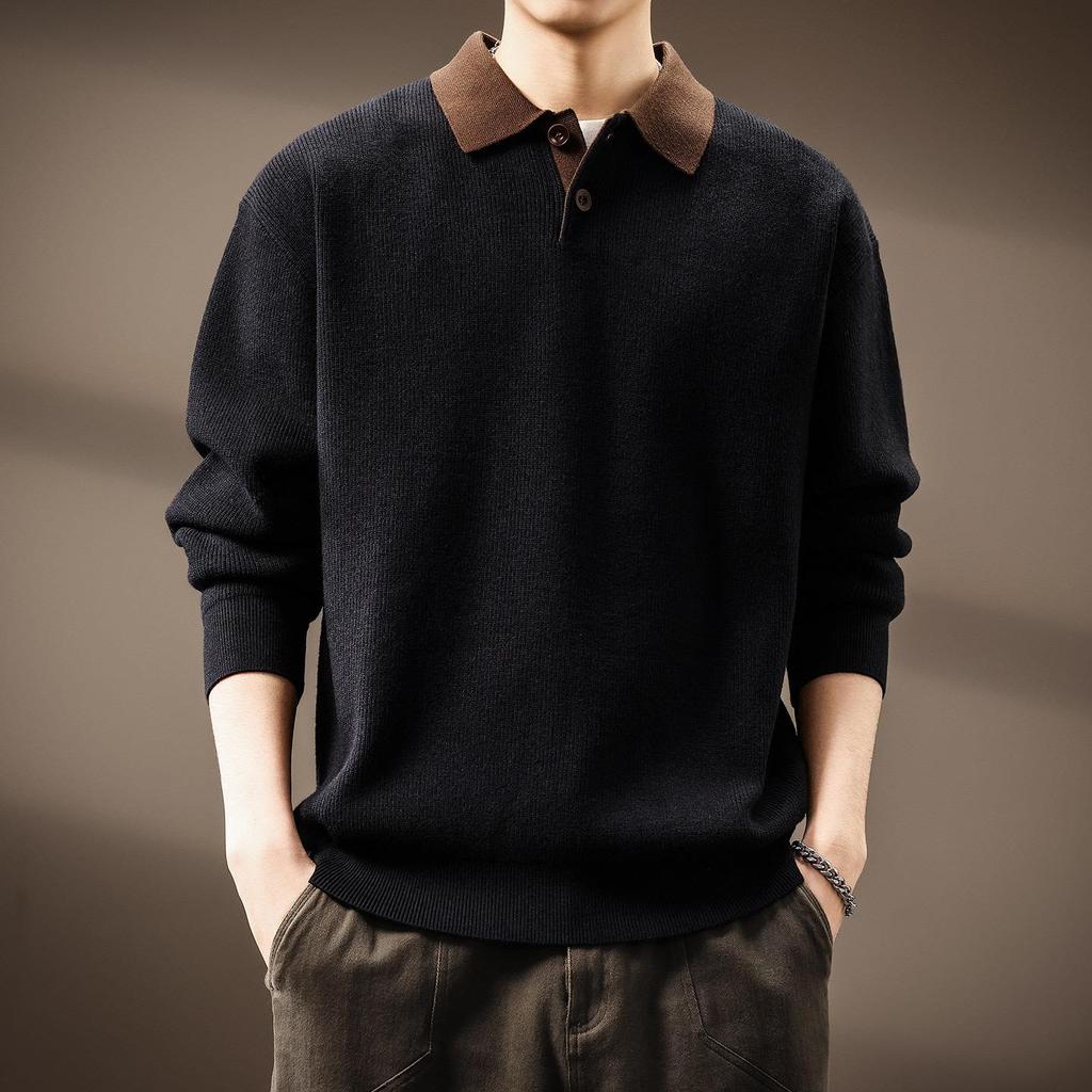 Men's High-End Heavyweight Cotton Color Block Polo Sweater - 2025 Spring/Autumn Collection