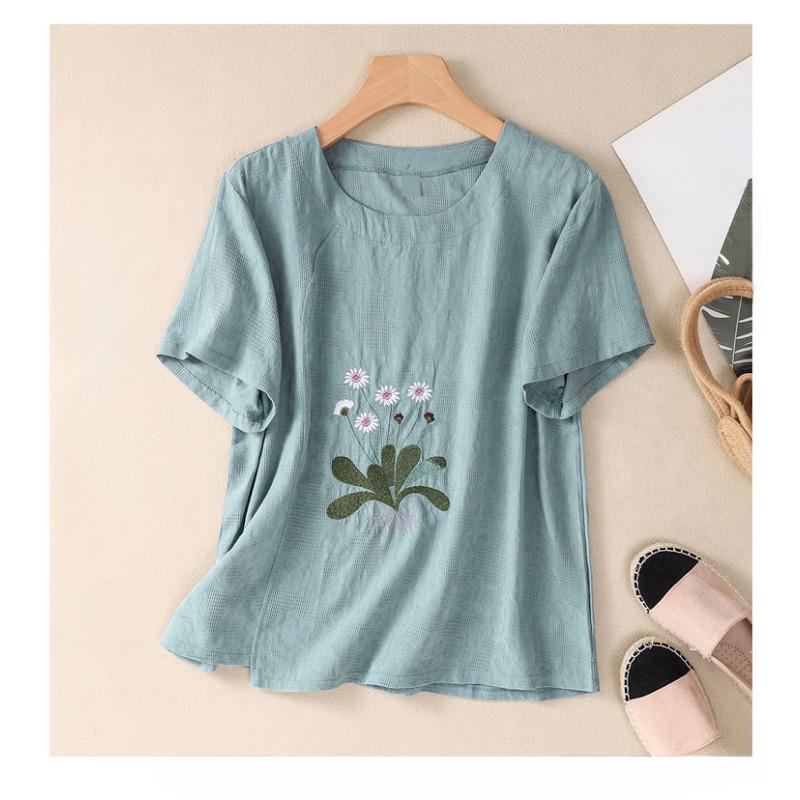

Летняя художественная свободная хлопковая пеньковая жаккардовая футболка с круглым вырезом и вышивкой с коротким рукавом, женская футболка 3XL озеро синий