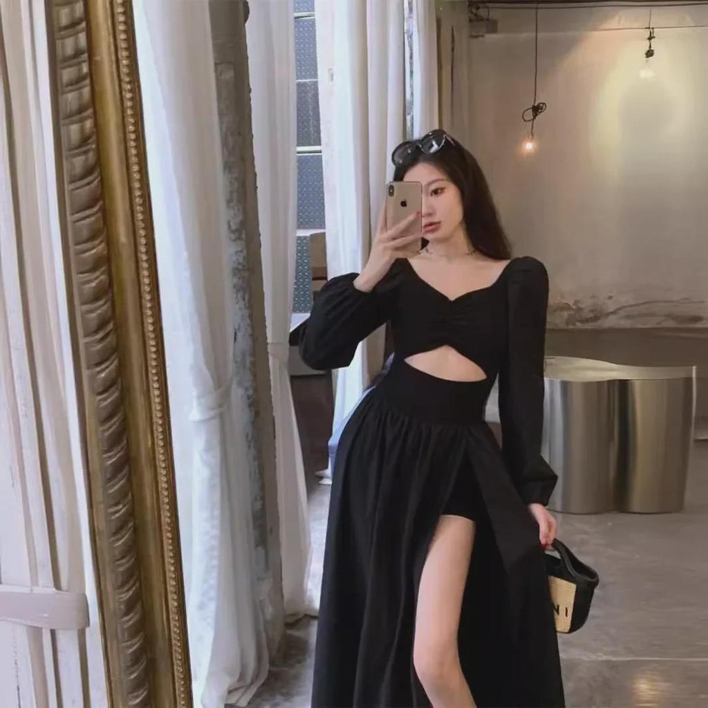 2024 Spring Black V-Neck Long-Sleeve A-Line Dress with Waist and Slit