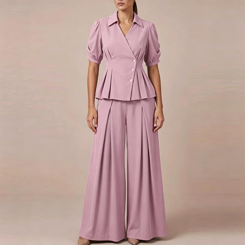 ZANZEA Blusa a Maniche Corte da Donna e Pantaloni a Gamba Larga Set Casual Due Pezzi