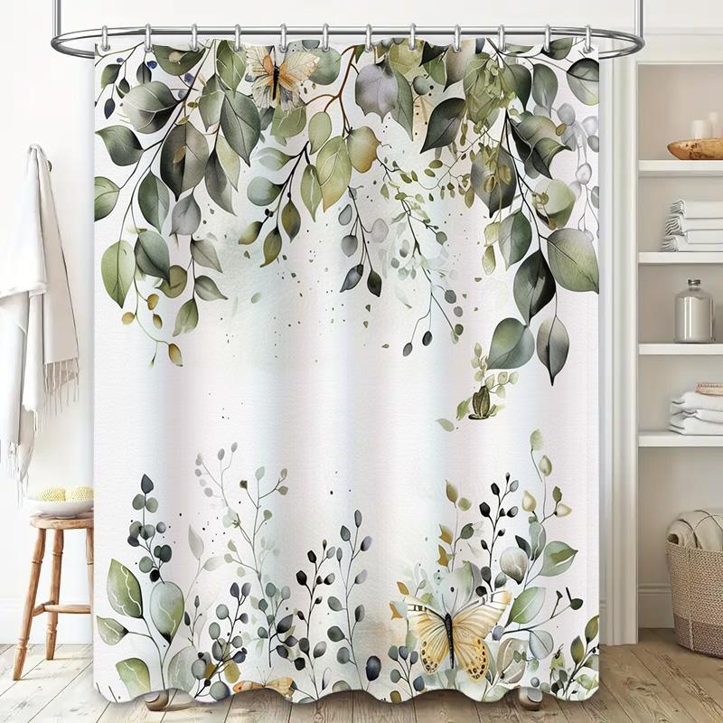 Elegant Green Leaf and Butterfly Shower Curtain for Bathroom Decoration - Waterproof and Durable Design for Stylish Home Upgrade