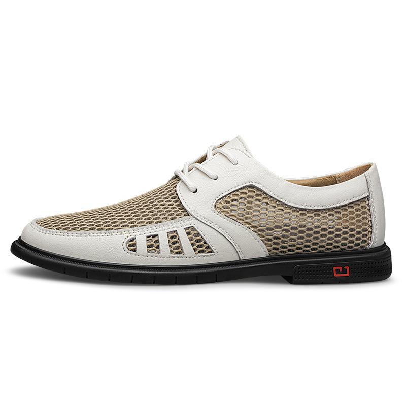 

Men s hollow leather shoes trendy new fashion casual flying woven surface breathable small leather shoes 46 бежевий