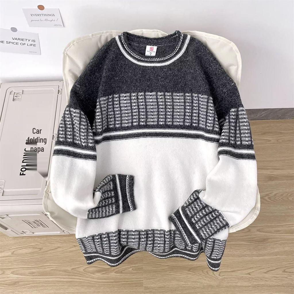 Winter Long Sleeve Color Block Loose Knit Sweater - Warm Round Neck Hollow Harajuku Top