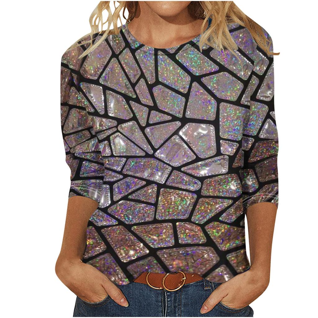Round Neck 3D Printed Geometric Diamond Pattern Top Fashionable Casual Long Sleeved Women's T-shirts