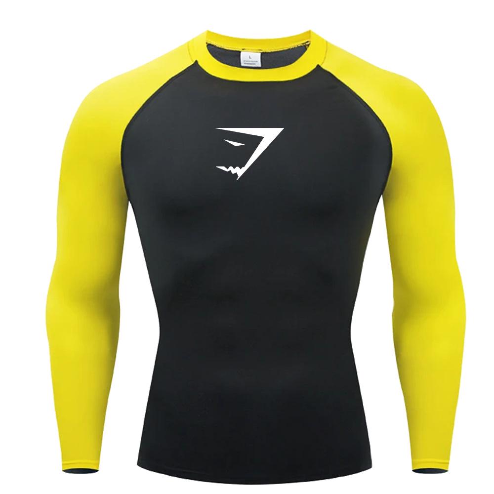 GYMSHARK Men s Quick Dry Long Sleeve Compression Top - High Elasticity, Breathable, Color Block Design