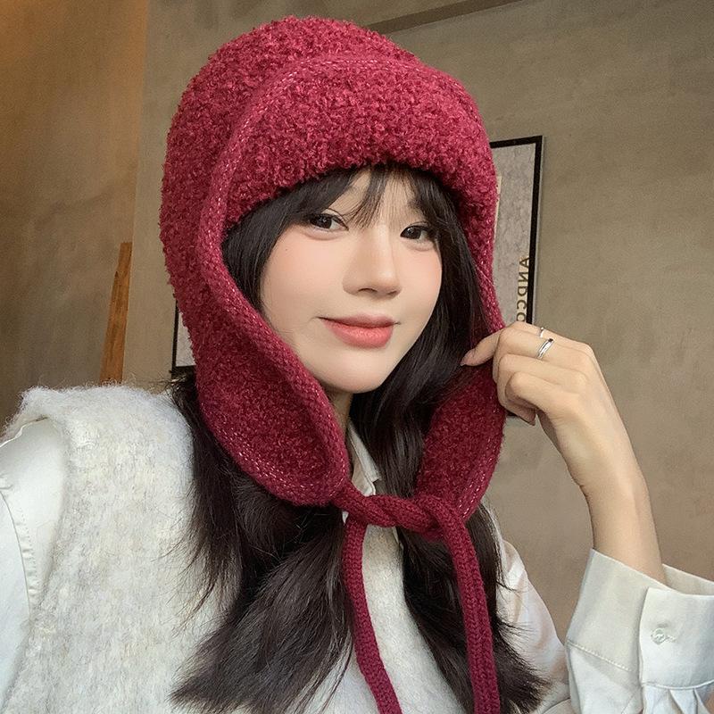 New Autumn and Winter Knitted Hat Outdoor Cold Proof and Warm Woolen Hat Korean Style Lamb Wool Versatile Small Ear Protection Hat with A Face