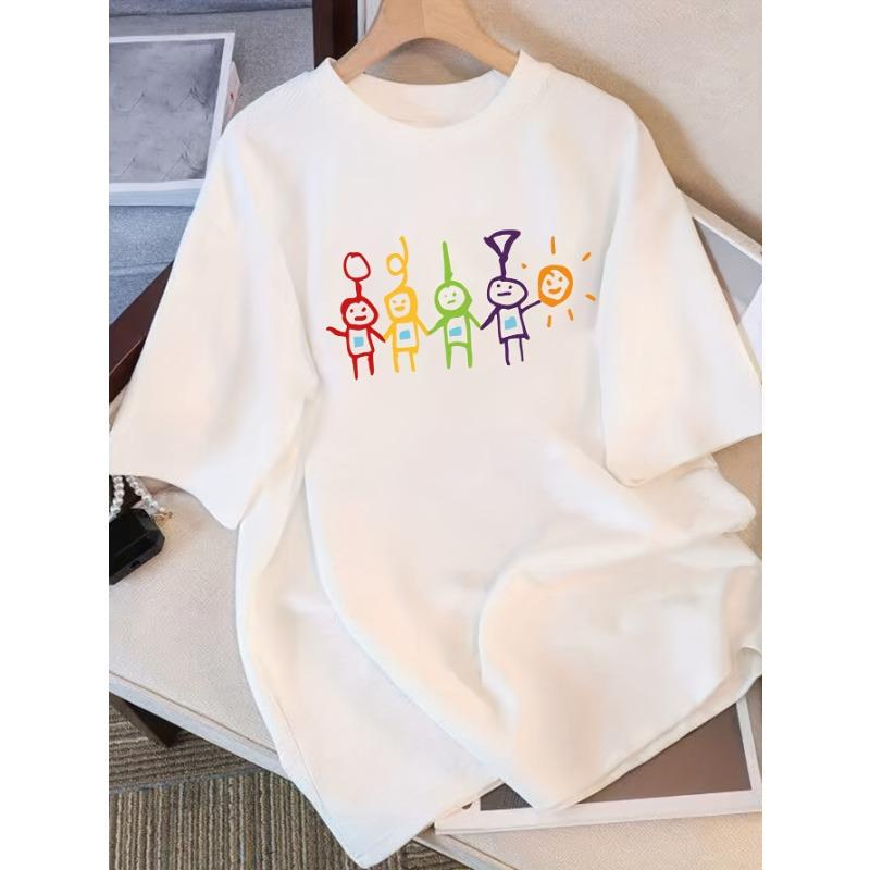 Европейские размеры Женская оверсайз футболка с графическим принтом - Белая Повседневная футболка с коротким рукавом и круглым вырезом с принтом из разноцветных геометрических человечков и звездочек S белый