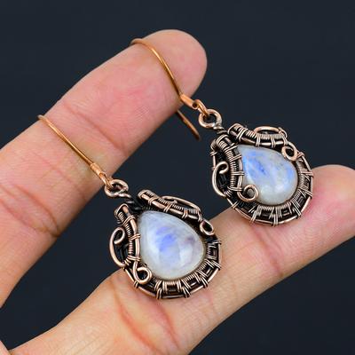 Bellissimi orecchini fatti a mano avvolti in filo di rame puro con pietra preziosa arcobaleno e pietra di luna, regalo per lei