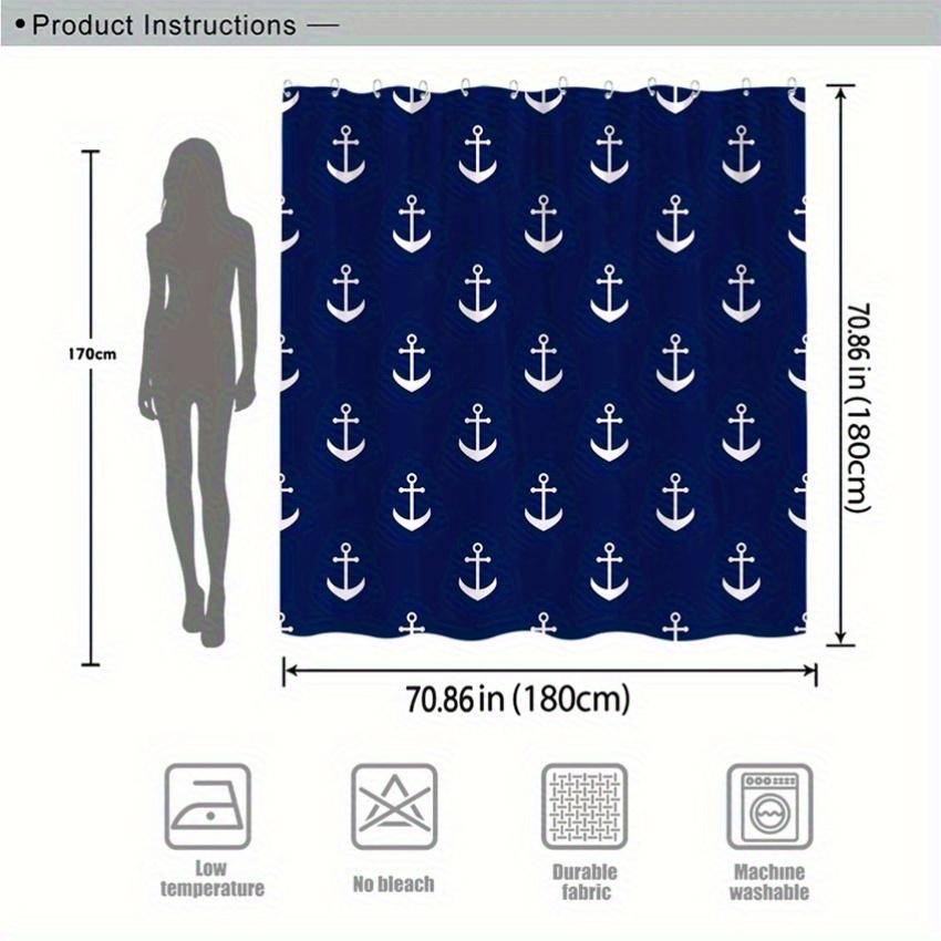 Single Shower Curtain Featuring a Pattern of White Anchors on a Dark Navy Blue Backdrop, Designed with a Minimalist Aesthetic fo