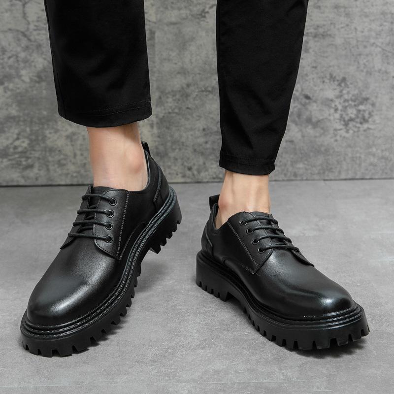 Small leather shoes men's 2025 autumn new round head lace-up British style black trend size 37 single shoes platform shoes
