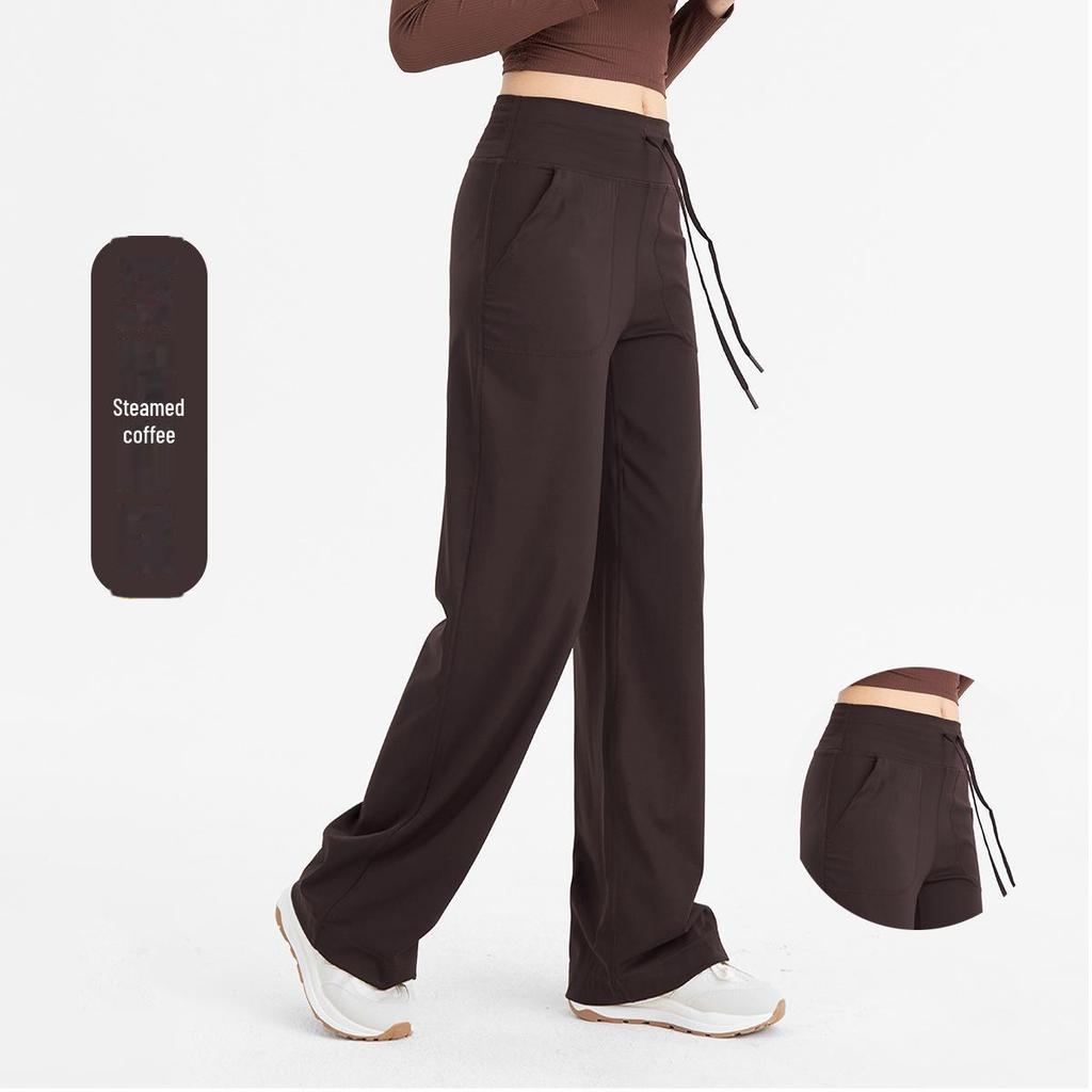 Dámské jóga kalhoty s vysokým pasem, v tělové barvě, se širokými nohavicemi a stahovací šňůrkou - Prodyšné, volný střih pro fitness