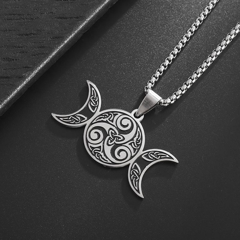 Stainless Steel Witch Triple Moon Protection Spiral Pendant Necklace for Men Women Pagan Trinity Celtic Knot Necklace Jewelry