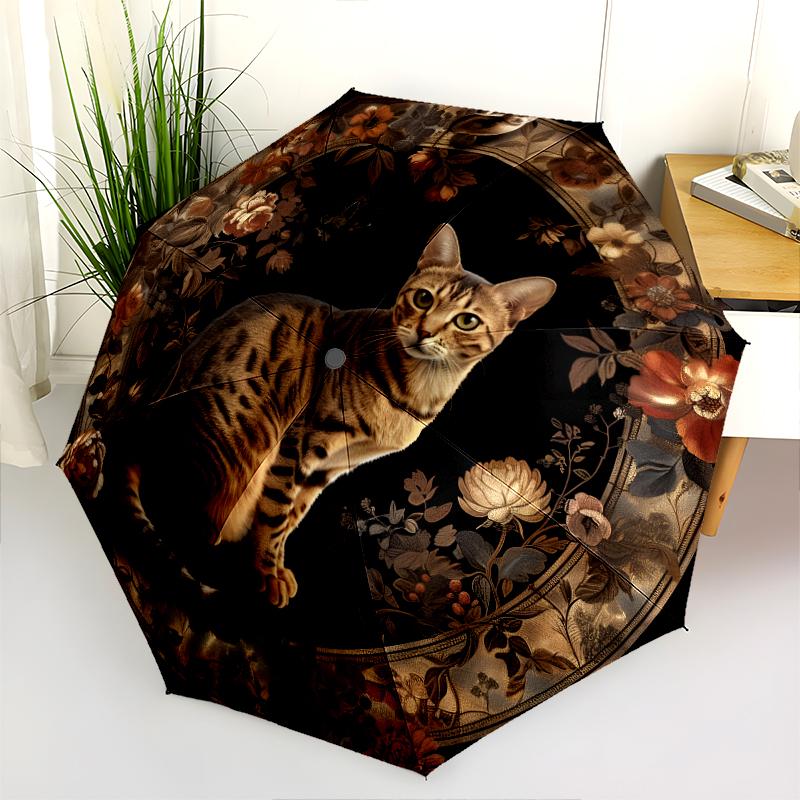 Cats and Flowers pattern, automatic folding umbrella, portable and foldable design, 8 ribs, a Christmas or birthday gift.