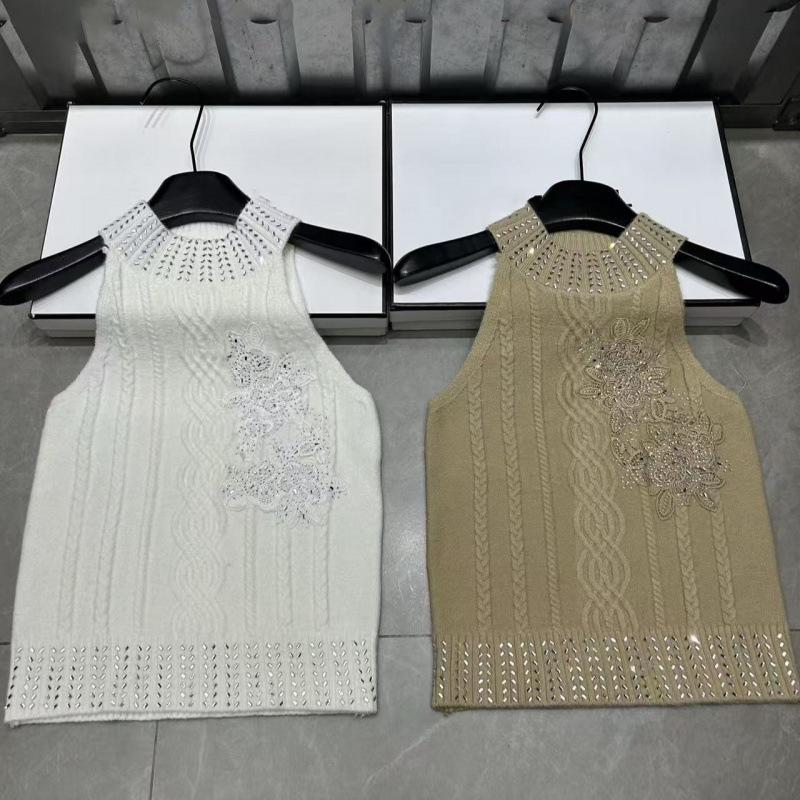 European Spring Embroidered Halter Knit Vest with Rhinestones