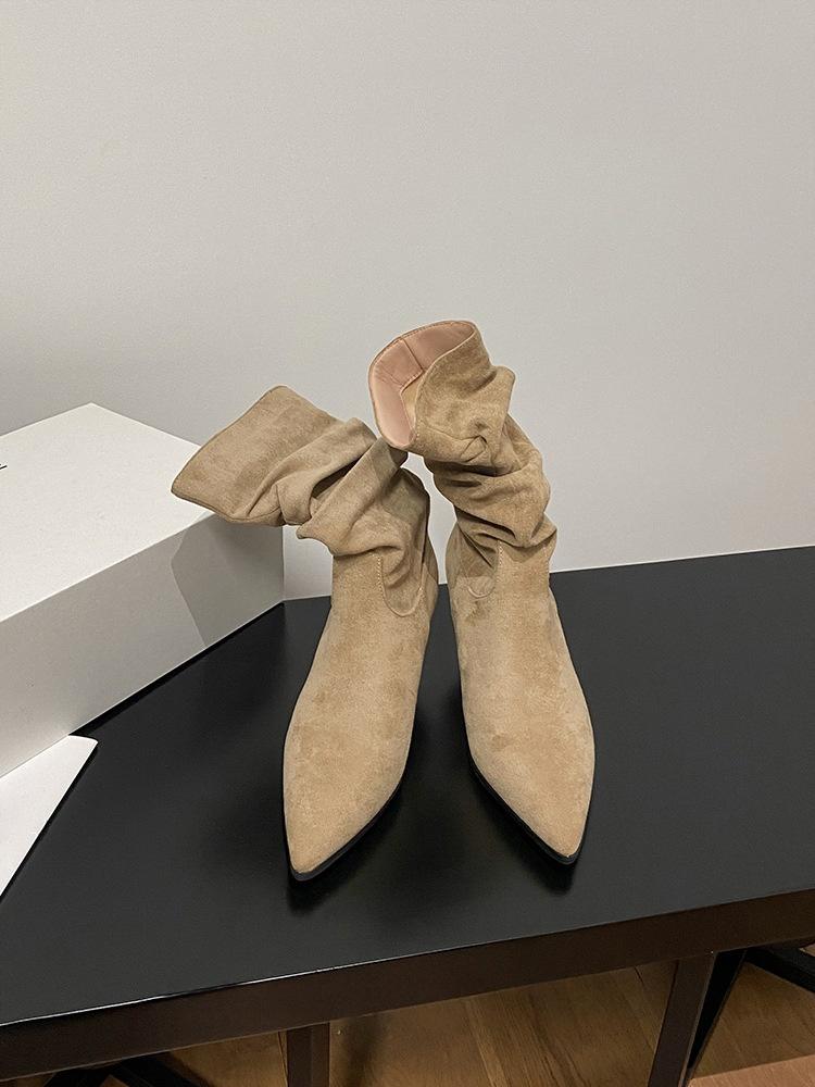 Suede pleated piled boots pointed high heel thin boots women's autumn and winter retro thin heel medium boots