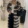 Black and White Striped Medium and Long Cardigan Women's Autumn Retro Lazy Style Top with Casual Sweater Jacket Women