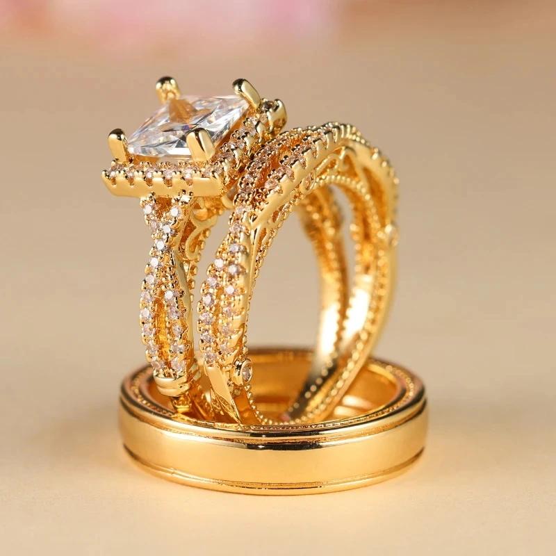 Charm Couple Rings Men Stainless Steel  Rhinestones Zircon Women Wedding Band  Set Valentine Day Jewelry
