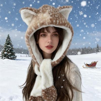Winter Hat with Ear Flap Scarf Cartoon Deer Design Ear Protection Hat Skiing Camping Travel Headwear