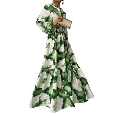 V-Ausschnitt A-Linien-Kleid Elegantes V-Ausschnitt Maxikleid mit Laternenärmeln Künstlerischer Print für Abschlussball Cocktailpartys Damenkleid