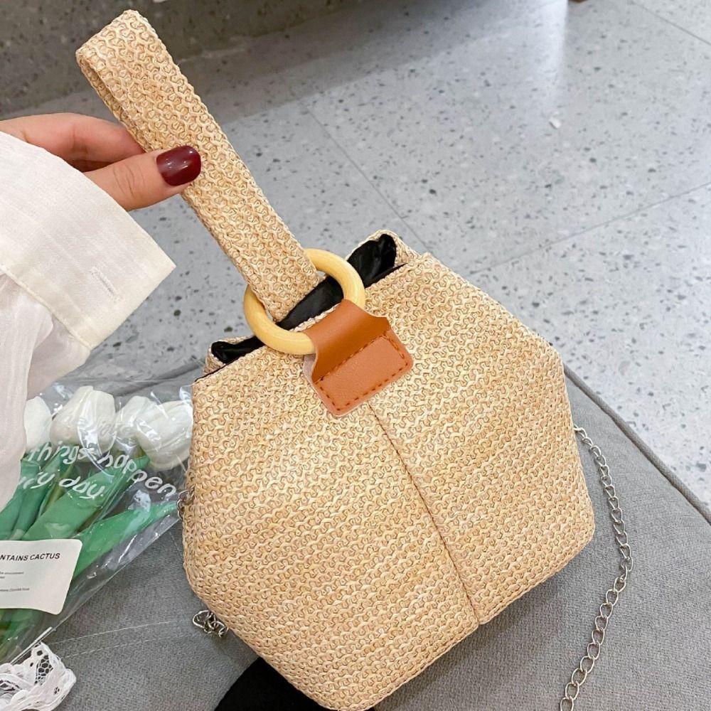 Korean Style Woven Handbag Solid Color Small Phone Bag Fashion Straw Bucket Bag  Vacation