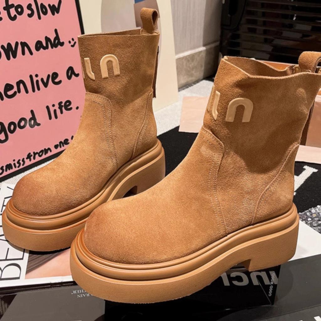 Platform Martin Boots Women's Shoes Fur Letter Cigarette Boots Chelsea Boots Muffin Locomotive Short Boots Tooling Rhubarb Boots