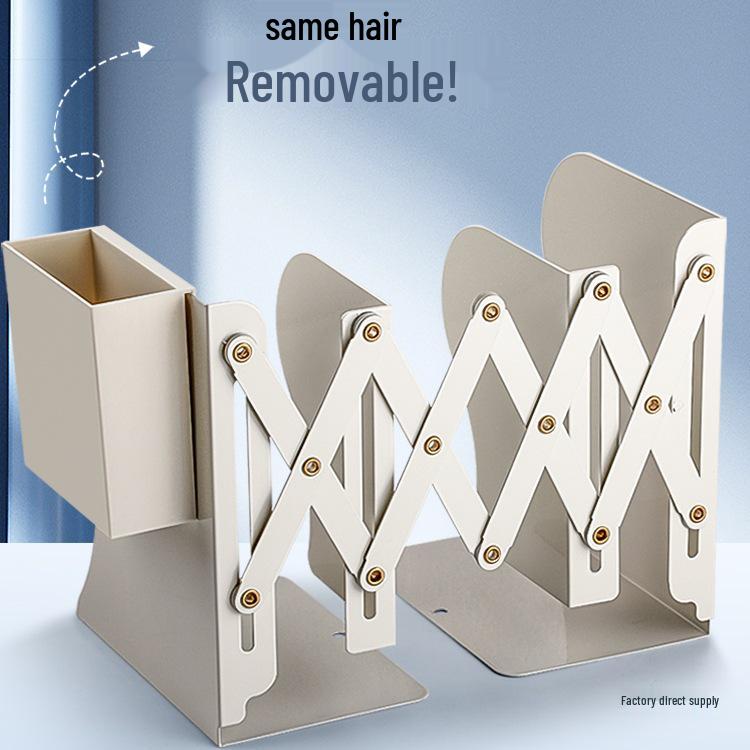 Retractable Desktop Bookend with Pen Holder and Integrated Book Storage Clip  