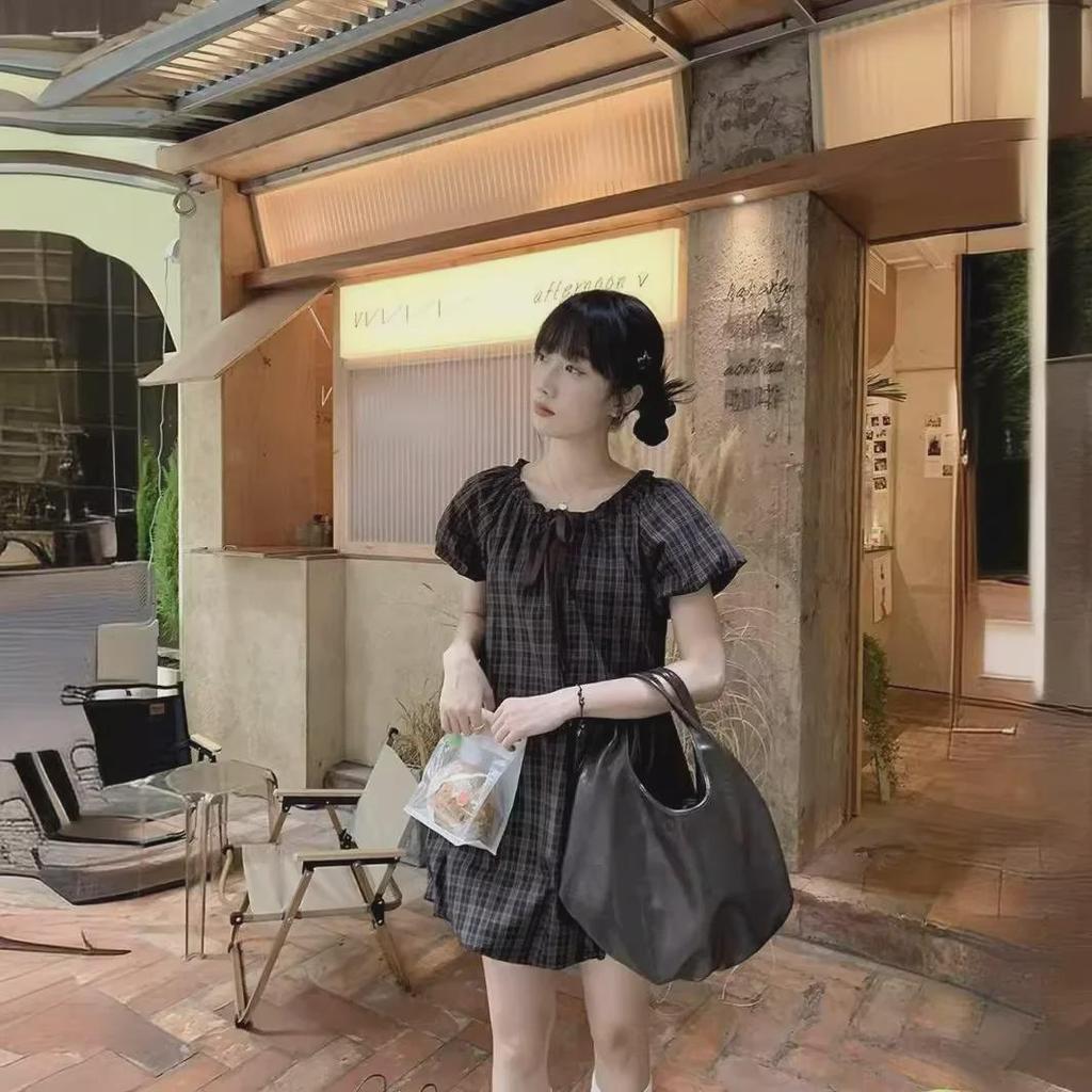 2024 Summer Plaid Puff Sleeve Mid-Length Dress