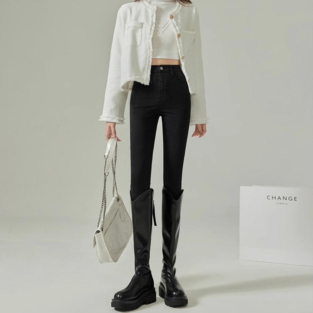 

Женские джинсы 2025 новые популярные осенне-зимние тонкие с высокой посадкой карандаш узкие облегающие с маленькими штанинами 32 чёрный