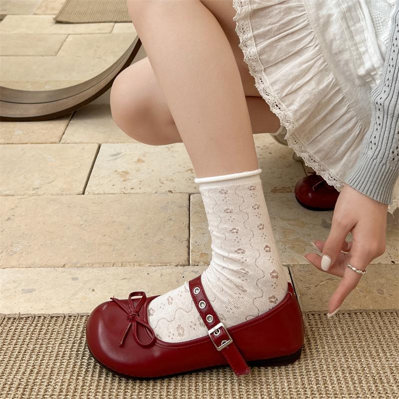 Shallow mouth flat-soled single shoes women's white round head bow Mary Jane shoes