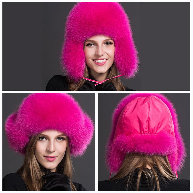 New 100% Real Fox Fur Hats Women's Russian Ushanka Aviator Trapper Snow Skiing Hat Caps  Winter Raccoon Fur Bomber Hat