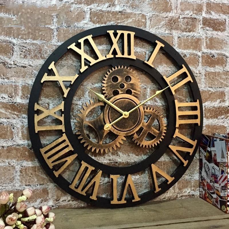 Horloge Murale Vintage Industrielle 16" - Engrenages Mobiles - Noire - Art Déco