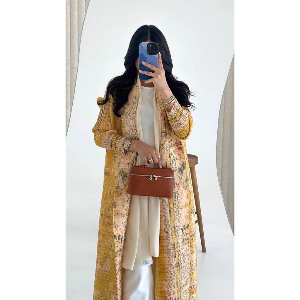 Miyake Pleats Women's High-End Printed Trench Coat Cardigan Muslim Robe