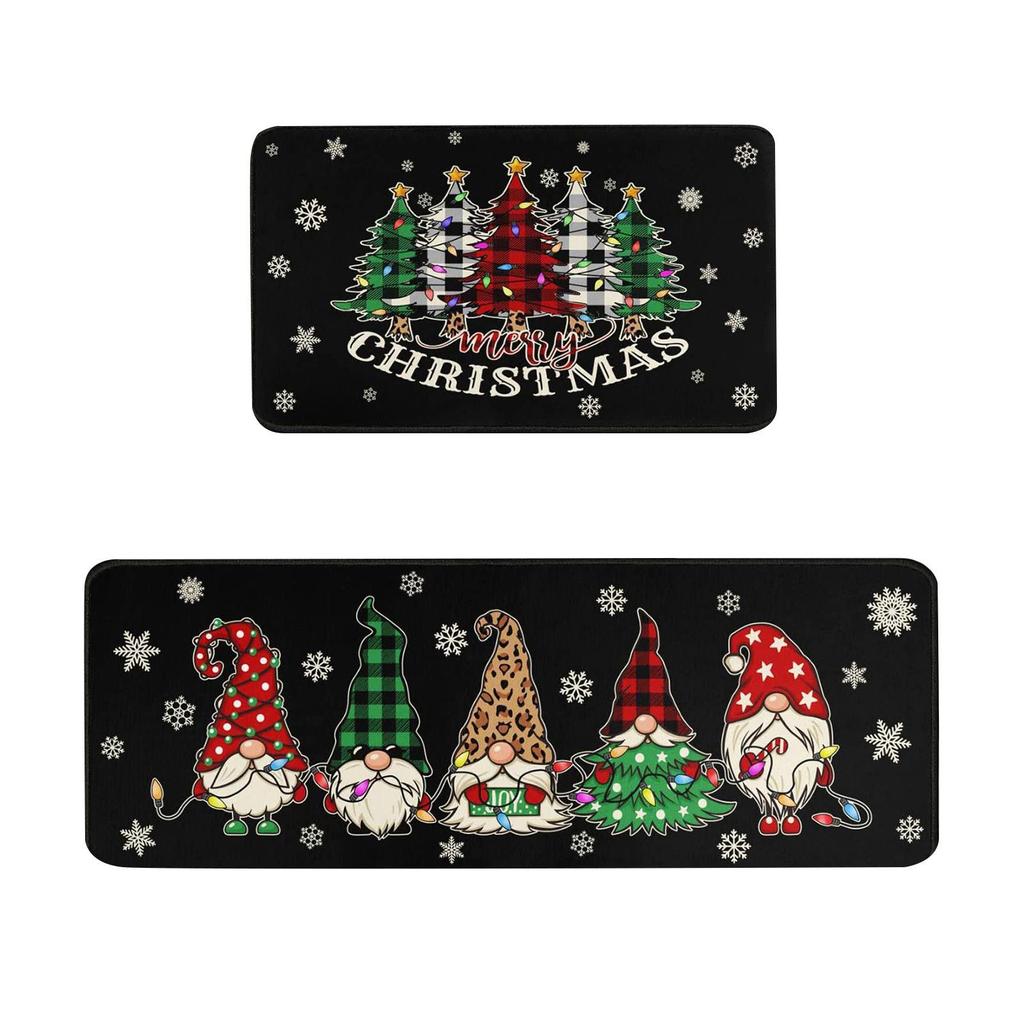VIKAMA 2pcs Christmas Winter Crystal Velvet Floor Rug Kitchen Non-slip Mat Entrance Welcome Door Mat Holiday Home Decoration