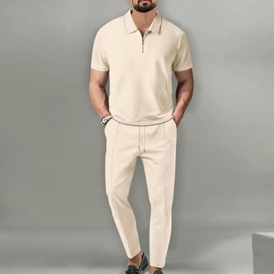 Herbst Herren Europäisch & Amerikanisch Einfarbig Waffelanzug: Revers Kurzarm Reißverschlussjacke mit Hose